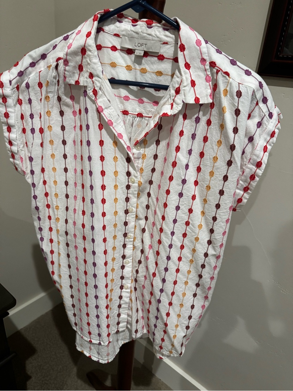 LOFT White Short-Sleeve Button-Down Top with Multicolor Dot Stripe